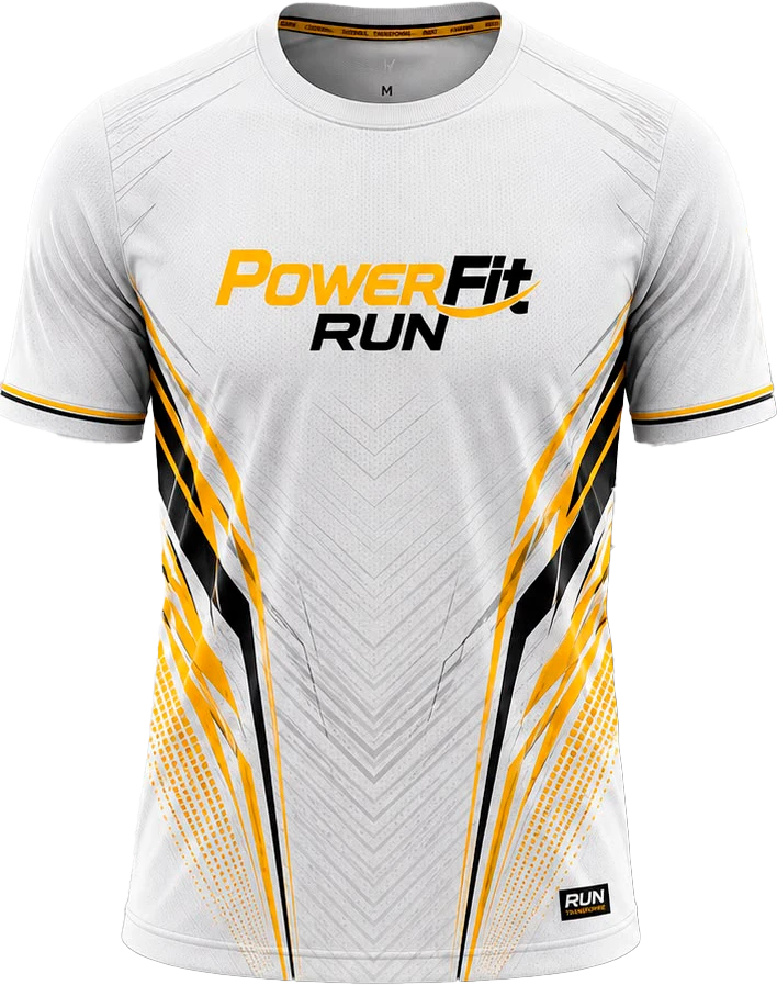 Frente da camisa oficial PowerFit Run, branca com detalhes amarelos e pretos